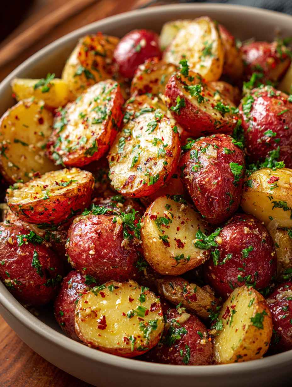 A bowl of potatoes with herbs.