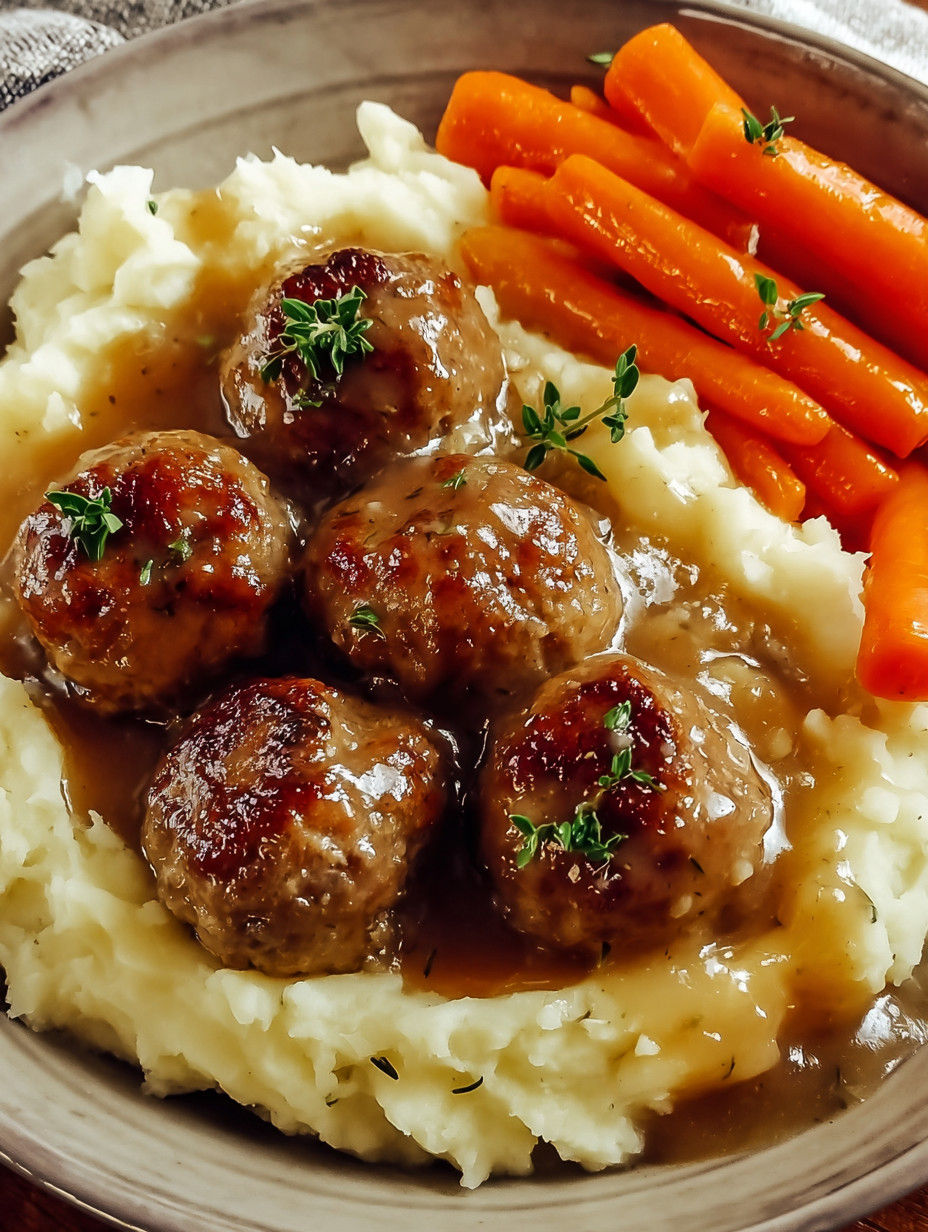 A plate of food with meatballs and potatoes.