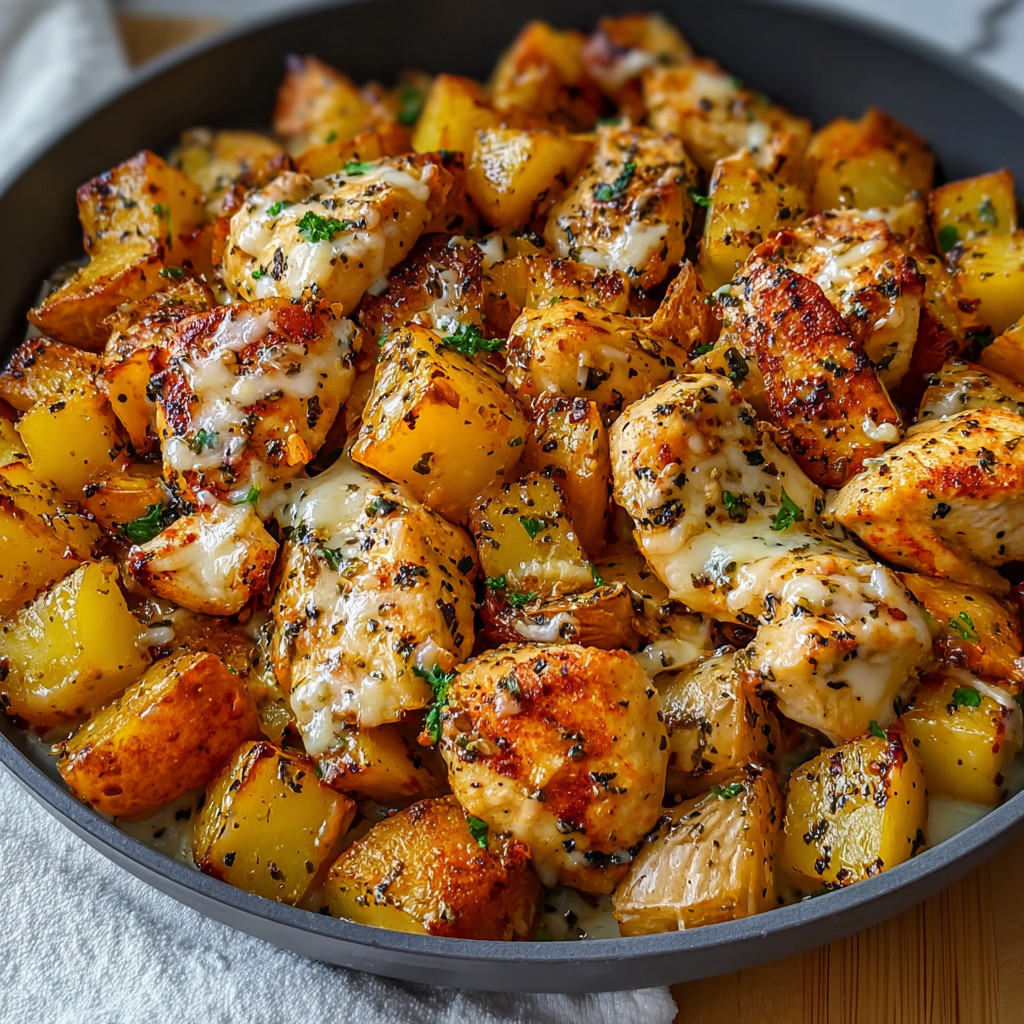 A bowl of food with chicken and potatoes.