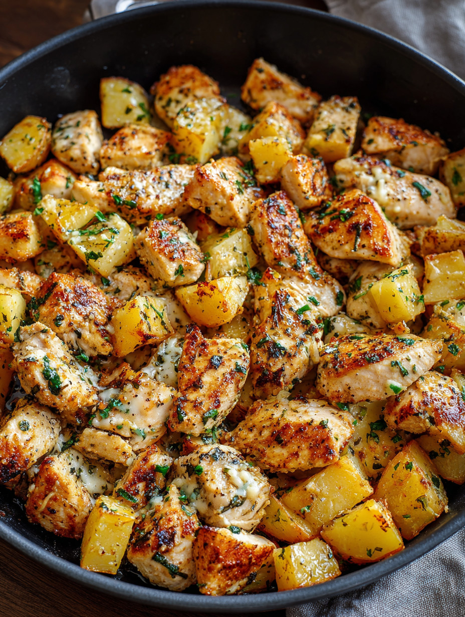 A bowl of chicken and potatoes.