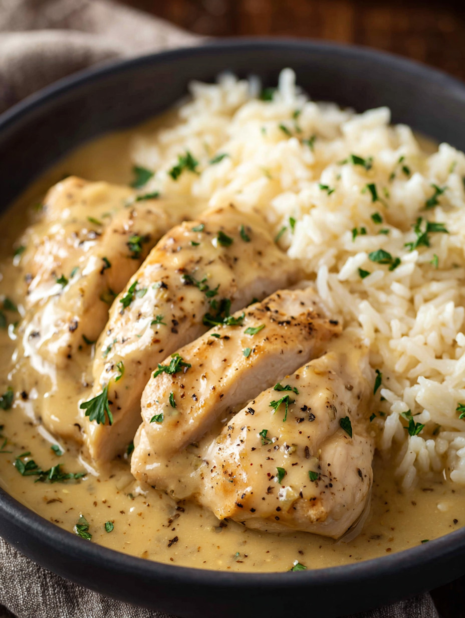 A bowl of rice and chicken.