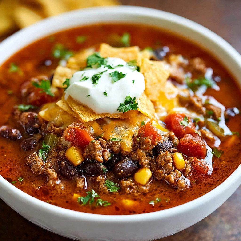 A bowl of chili with a dollop of sour cream on top.