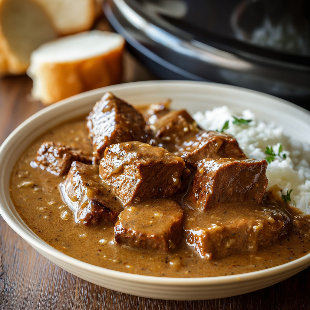 A bowl of beef stew with rice.