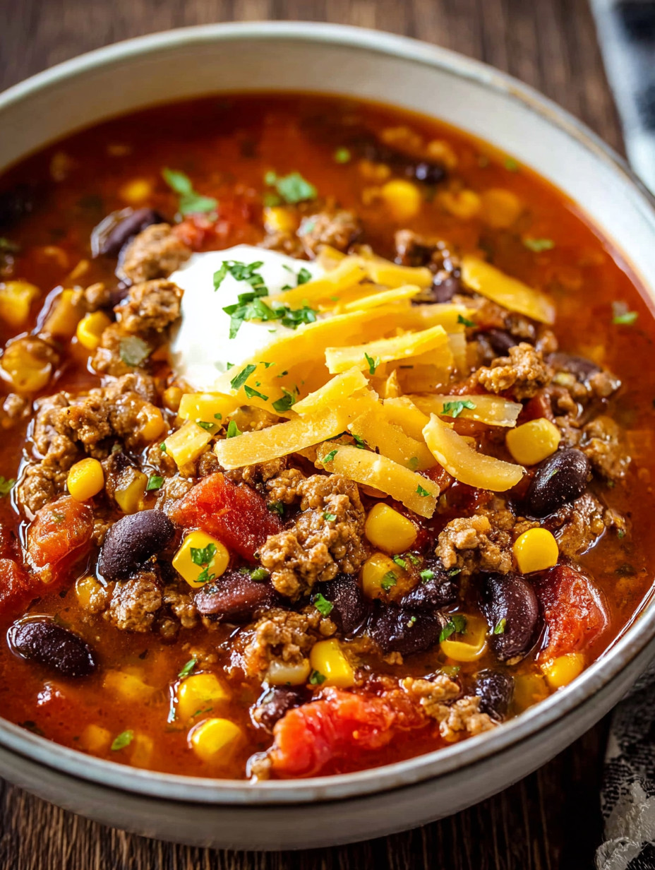 A bowl of chili with cheese and tomatoes.