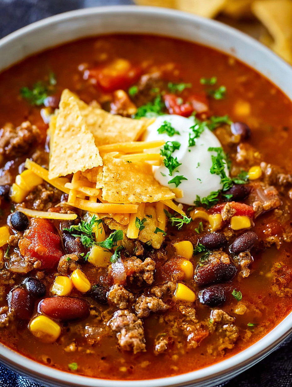A bowl of chili with a tortilla chip on top.