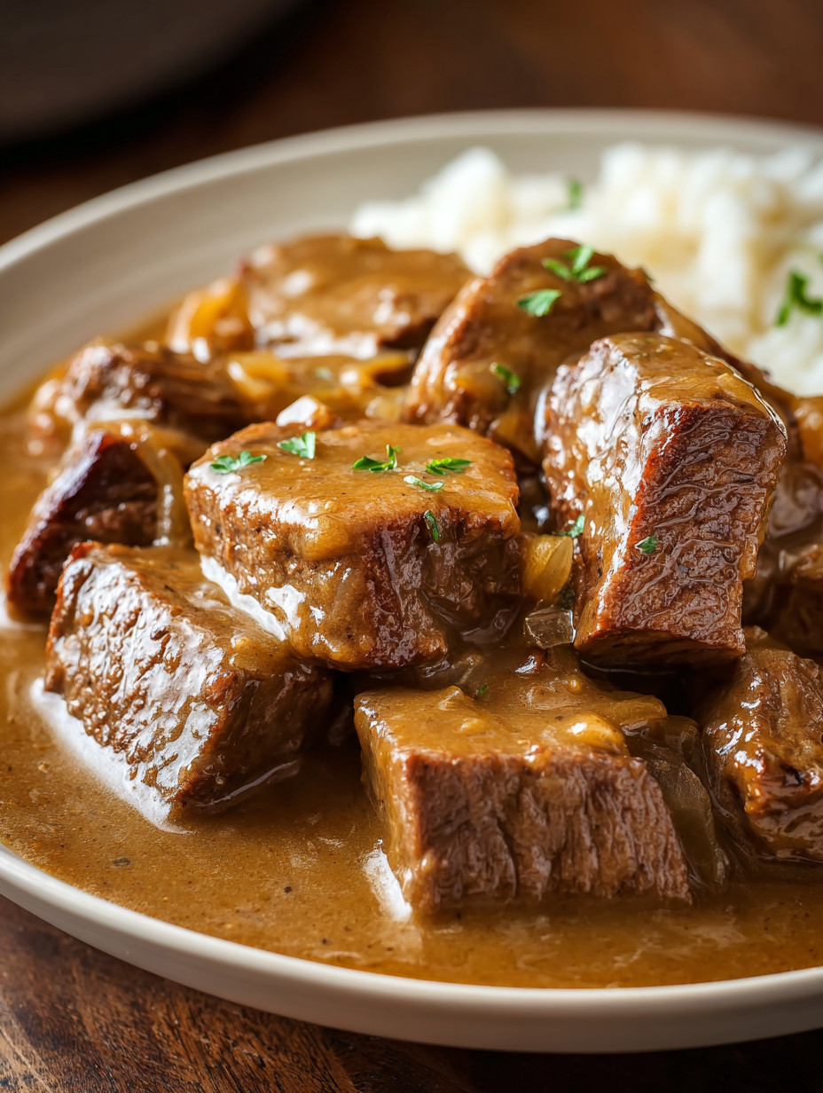 A plate of meat with gravy.