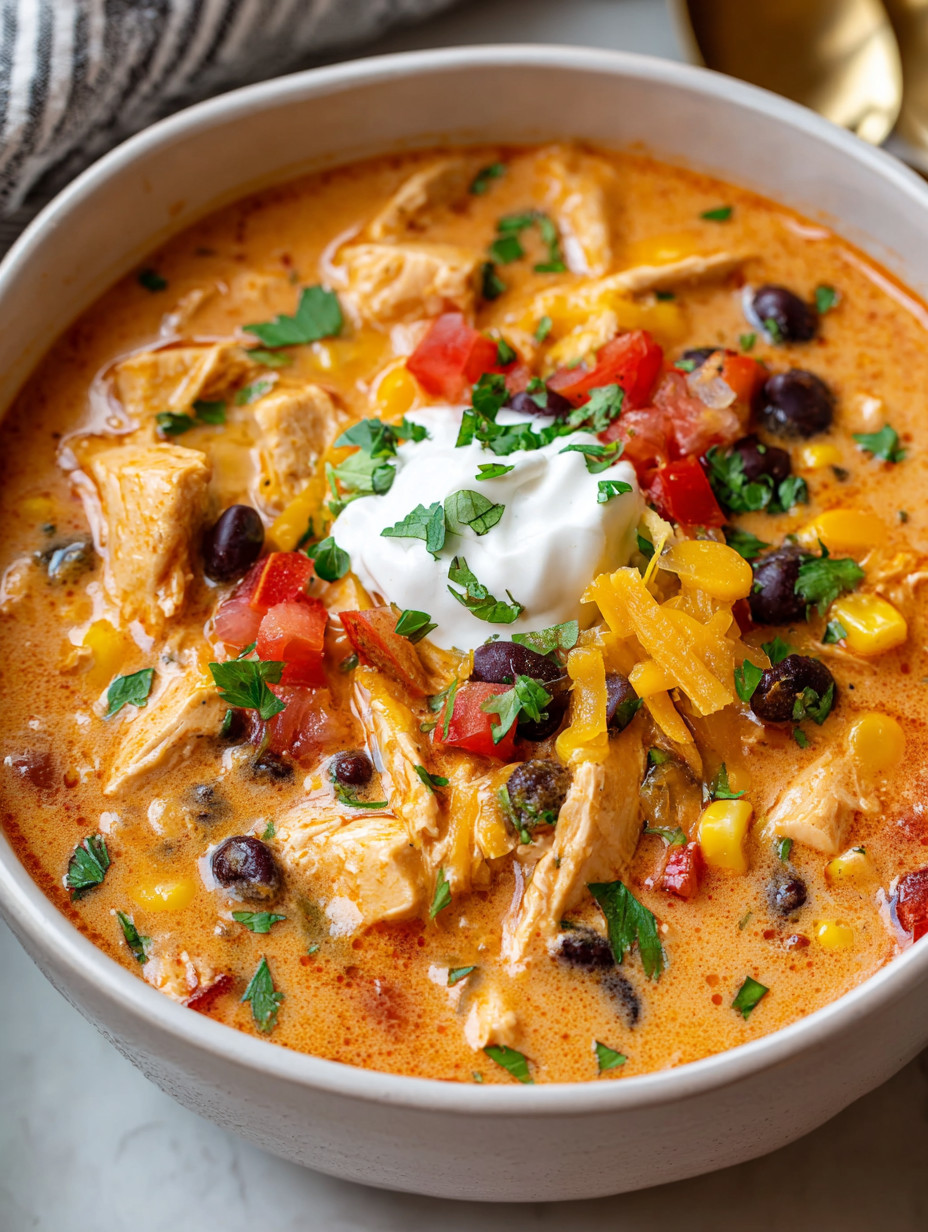 A bowl of soup with chicken, tomatoes, corn, and beans.