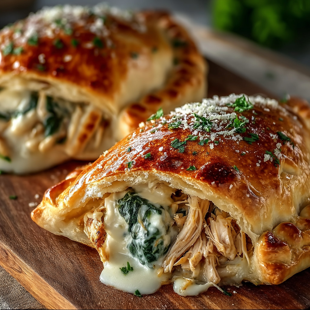 Two pastry filled with meat and greens.