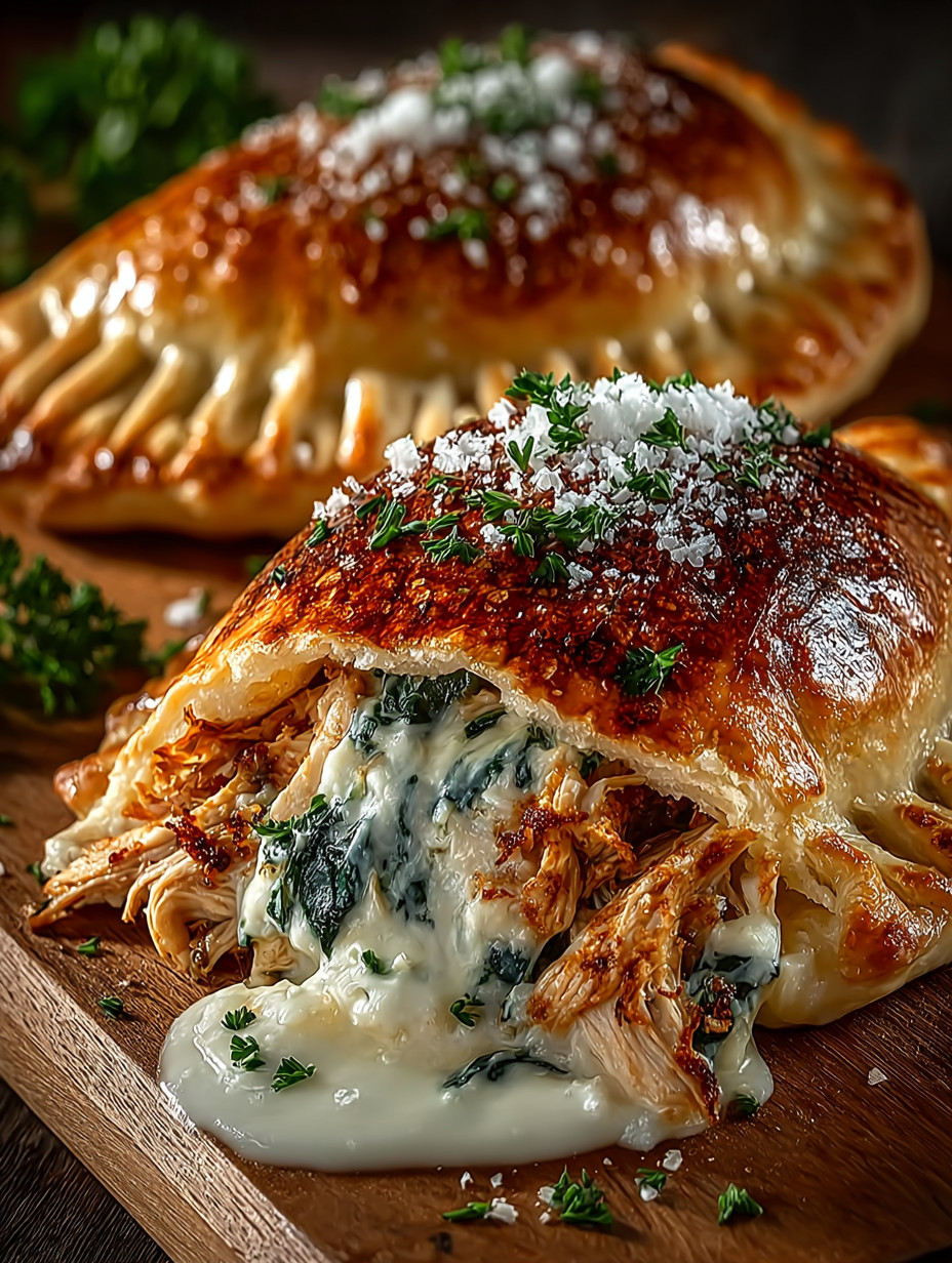 A close up of a pastry with cheese and herbs.