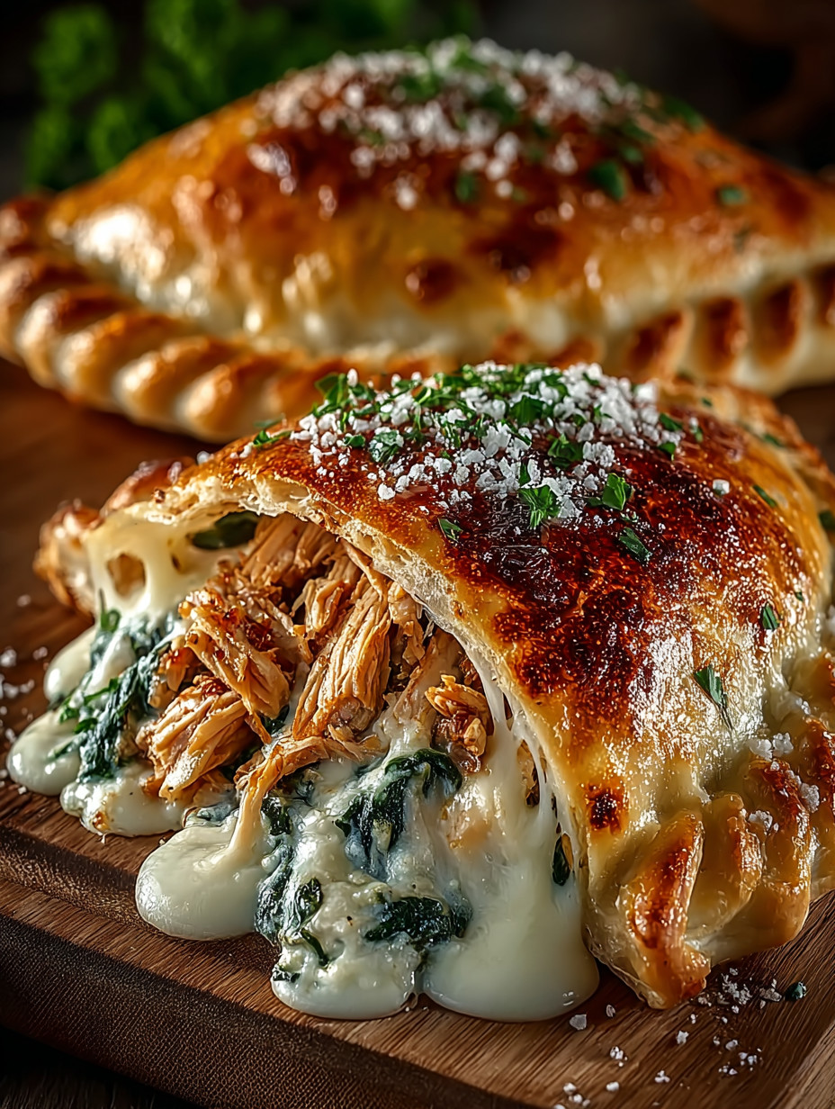 A close up of a pastry with cheese and spinach.