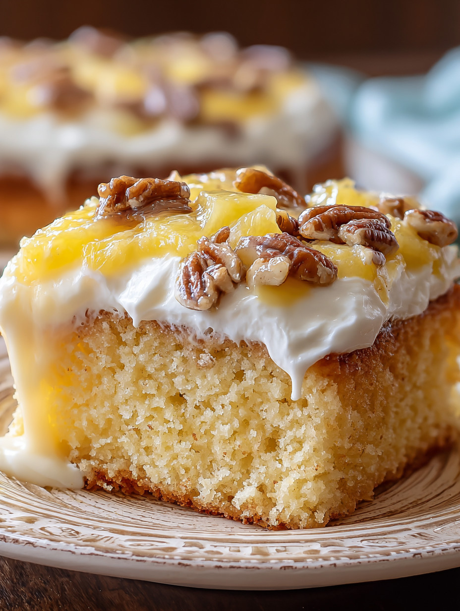 A slice of cake with walnuts on top.