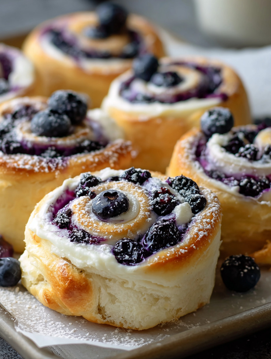 Blueberry swirl rolls on a plate.