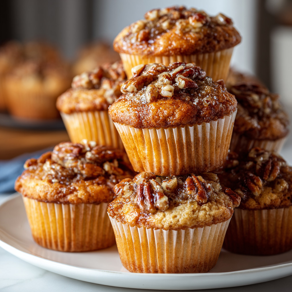 A stack of pecan muffins on a plate.