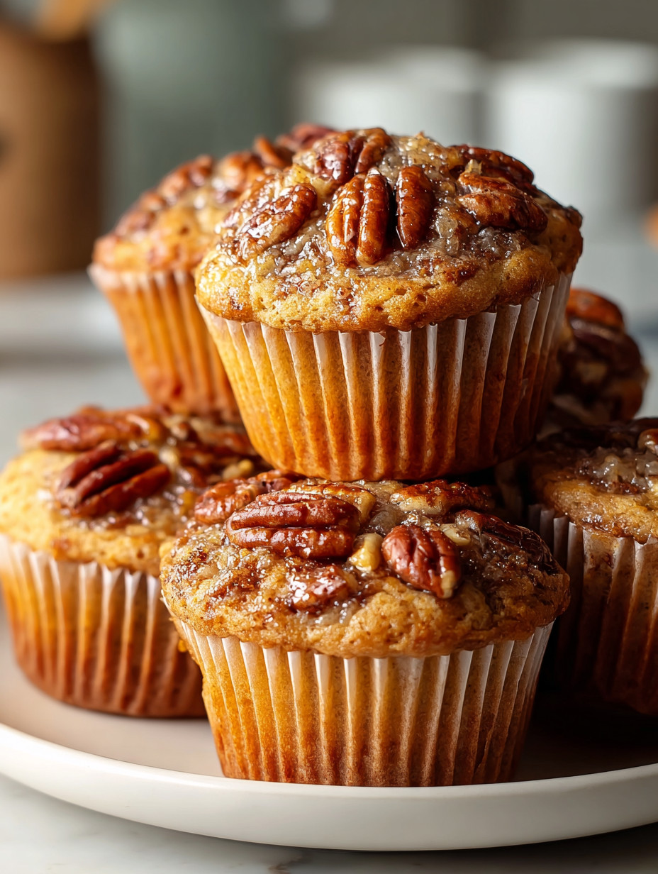 A stack of pecan muffins on a plate.