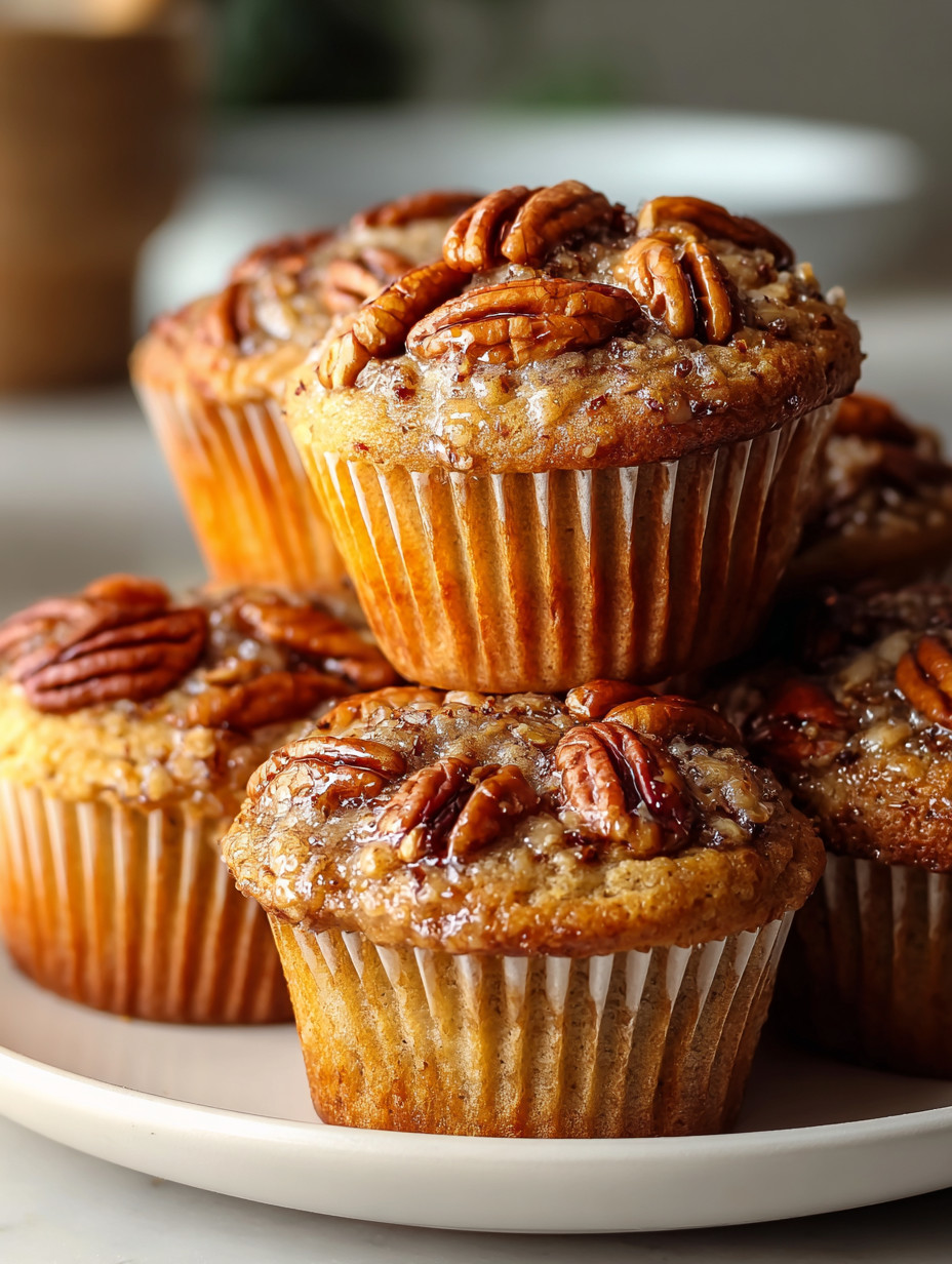A stack of pecan muffins on a plate.