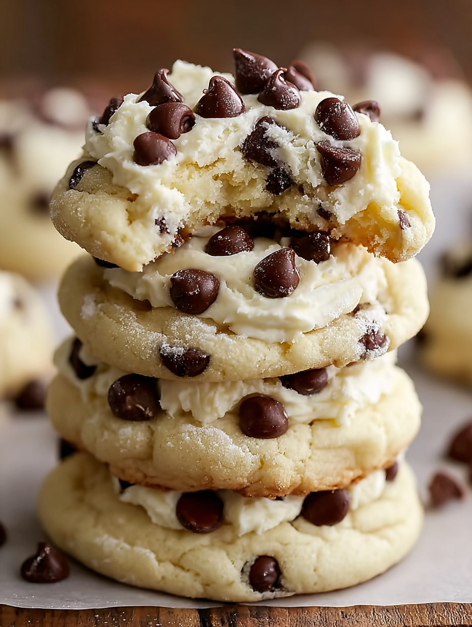 A stack of cookies with chocolate chips.