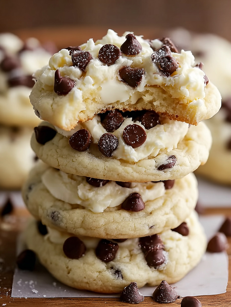 A stack of cookies with chocolate chips.