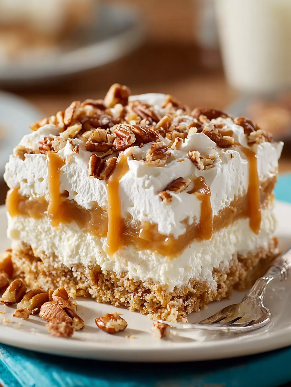 A slice of pie with caramel sauce.