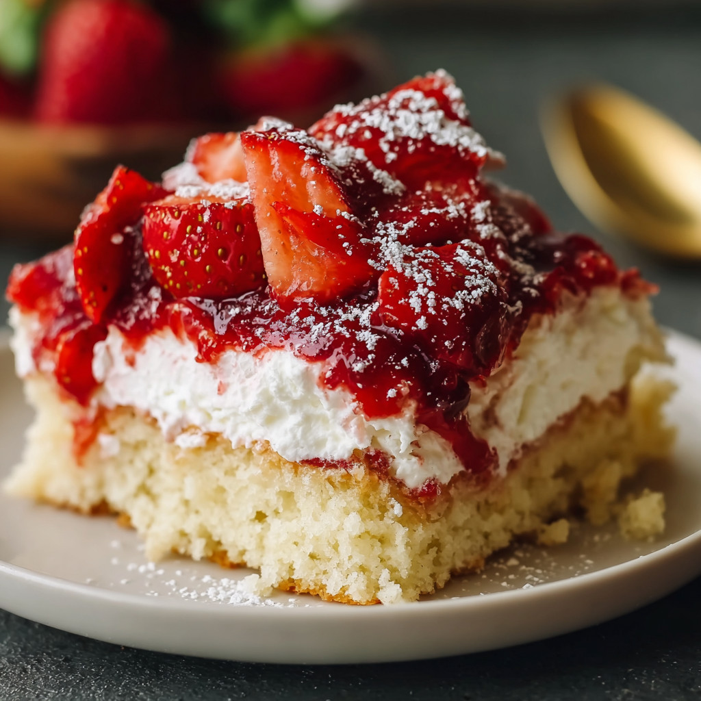 A slice of cake with strawberries and whipped cream.
