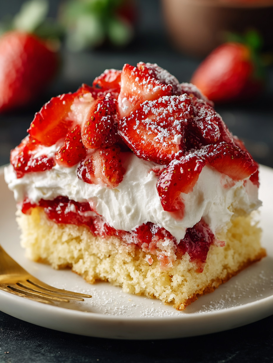 A slice of cake with strawberries and whipped cream.