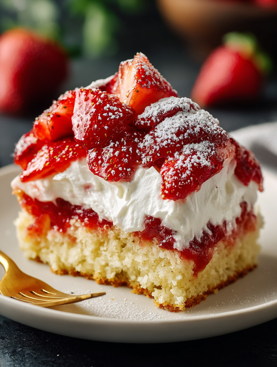 A slice of cake with strawberries and whipped cream.