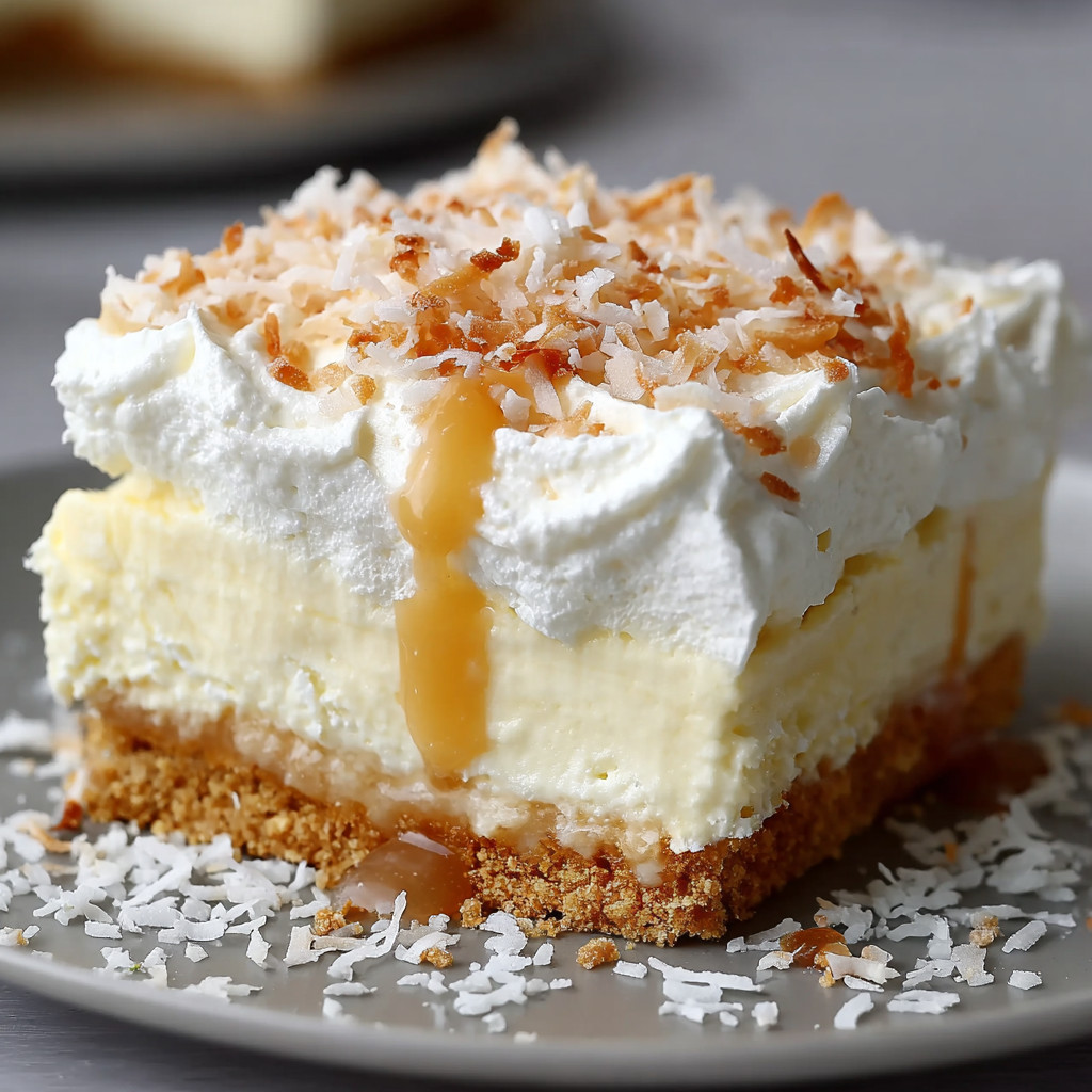 A slice of cake with white frosting and coconut on top.