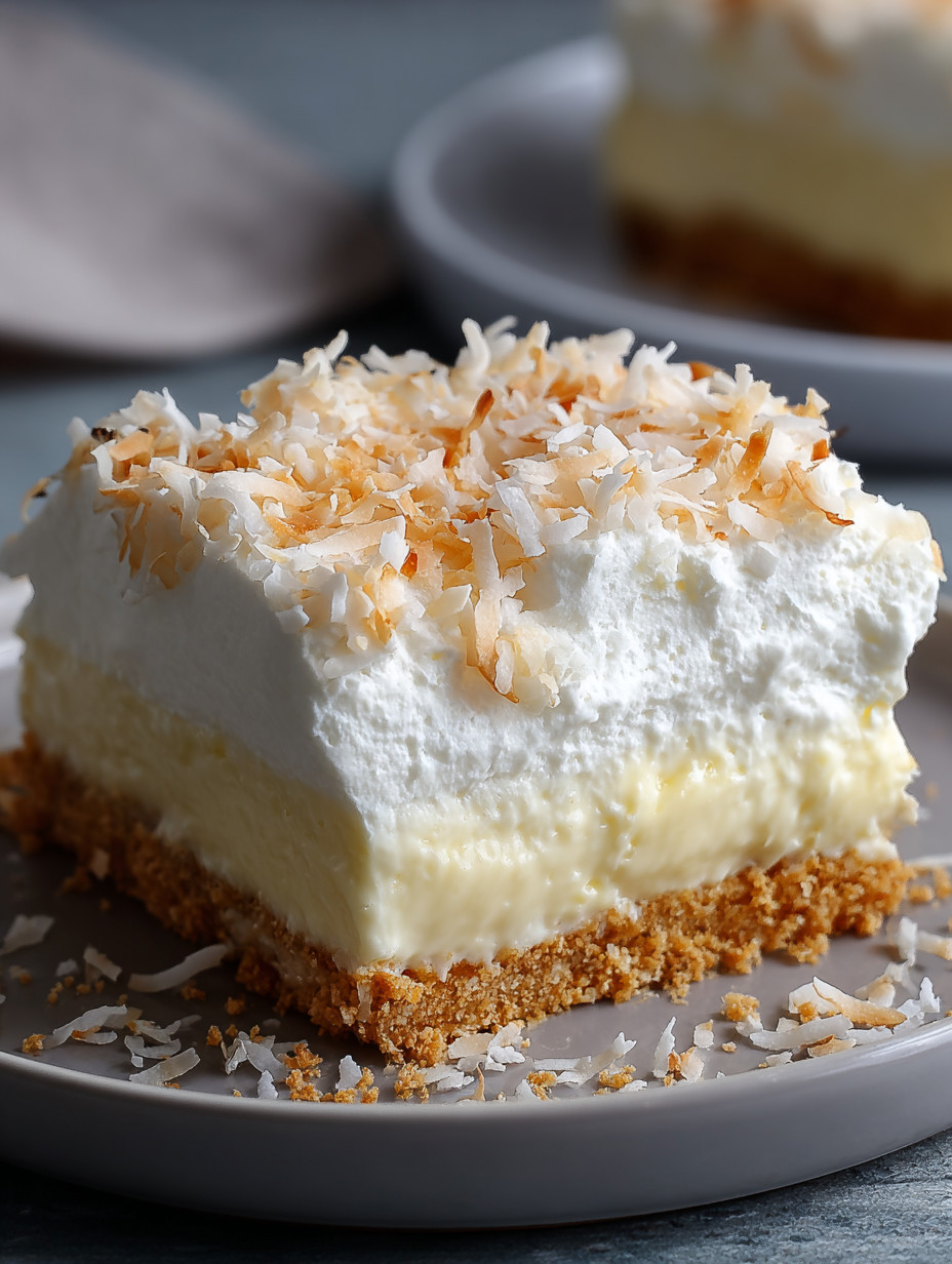 A slice of coconut cream pie on a plate.