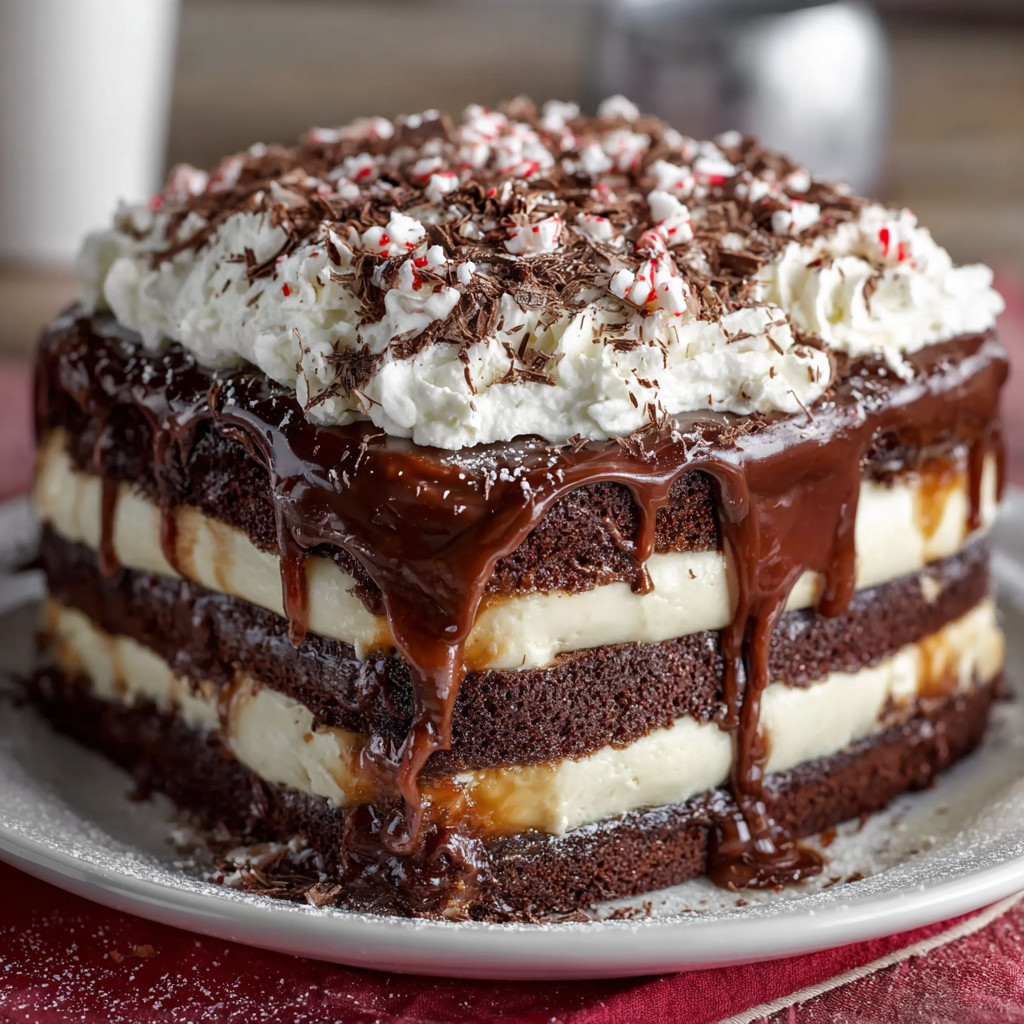 A chocolate cake with white icing and chocolate drizzle.