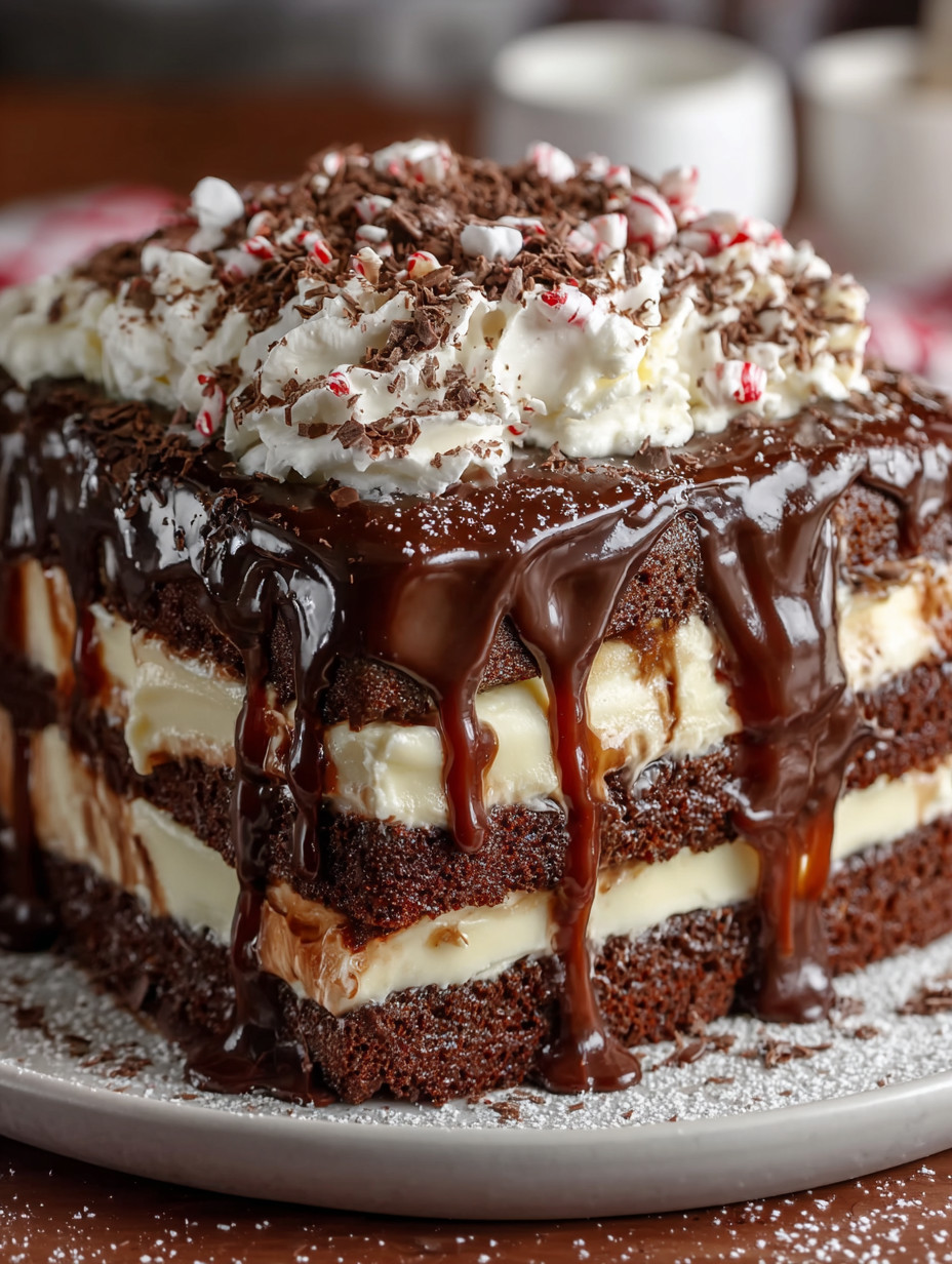 A chocolate cake with white frosting and chocolate drizzle.