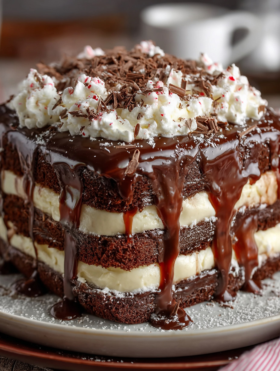 A chocolate cake with white icing and chocolate drizzle.
