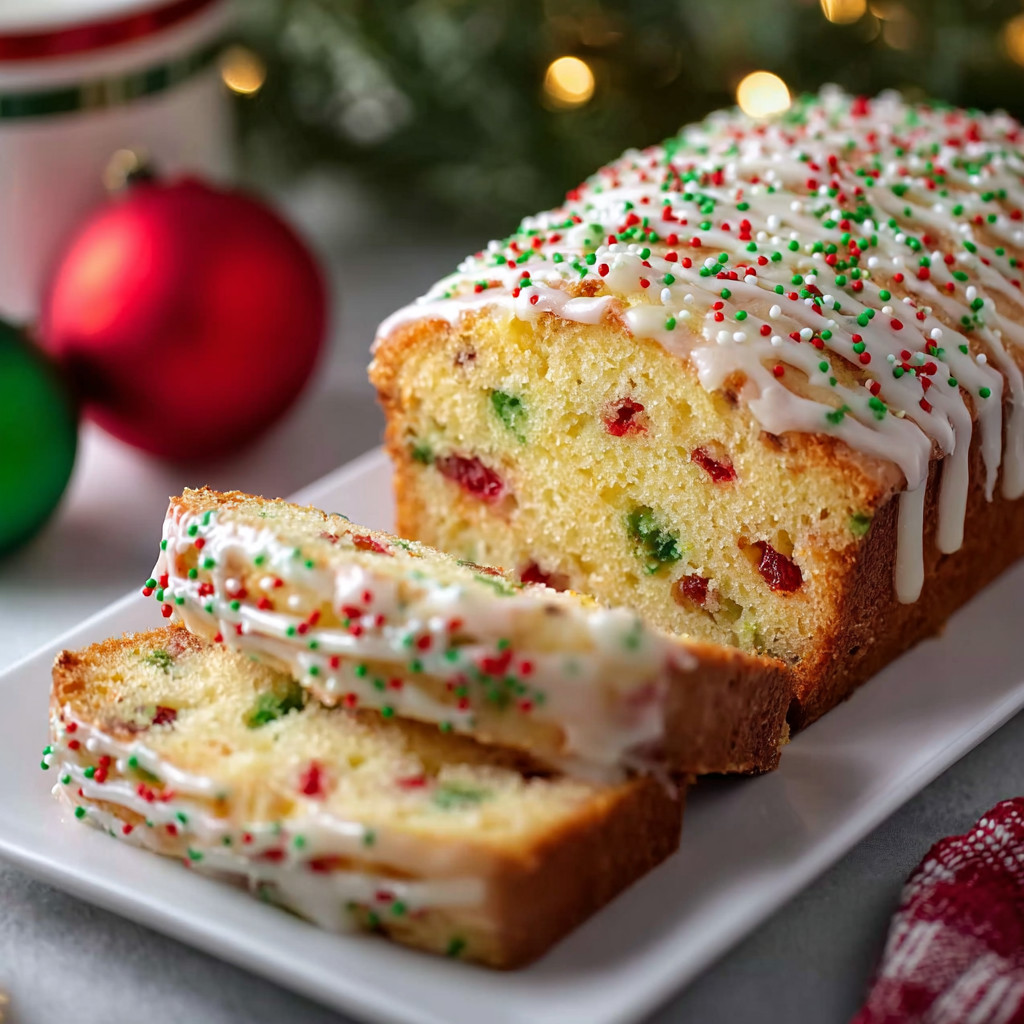 A slice of cake with white frosting and green and red sprinkles.