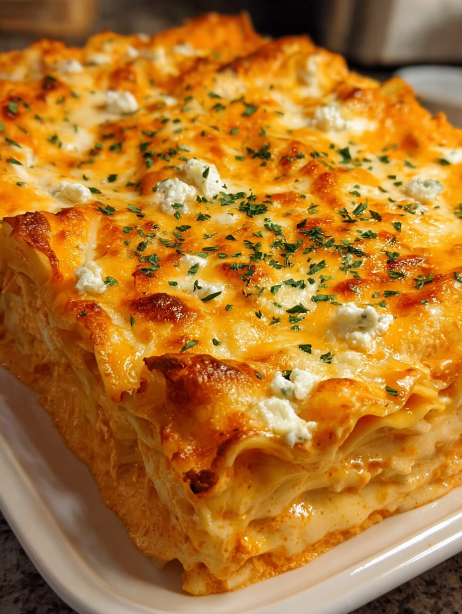 A dish of lasagna with cheese and herbs.