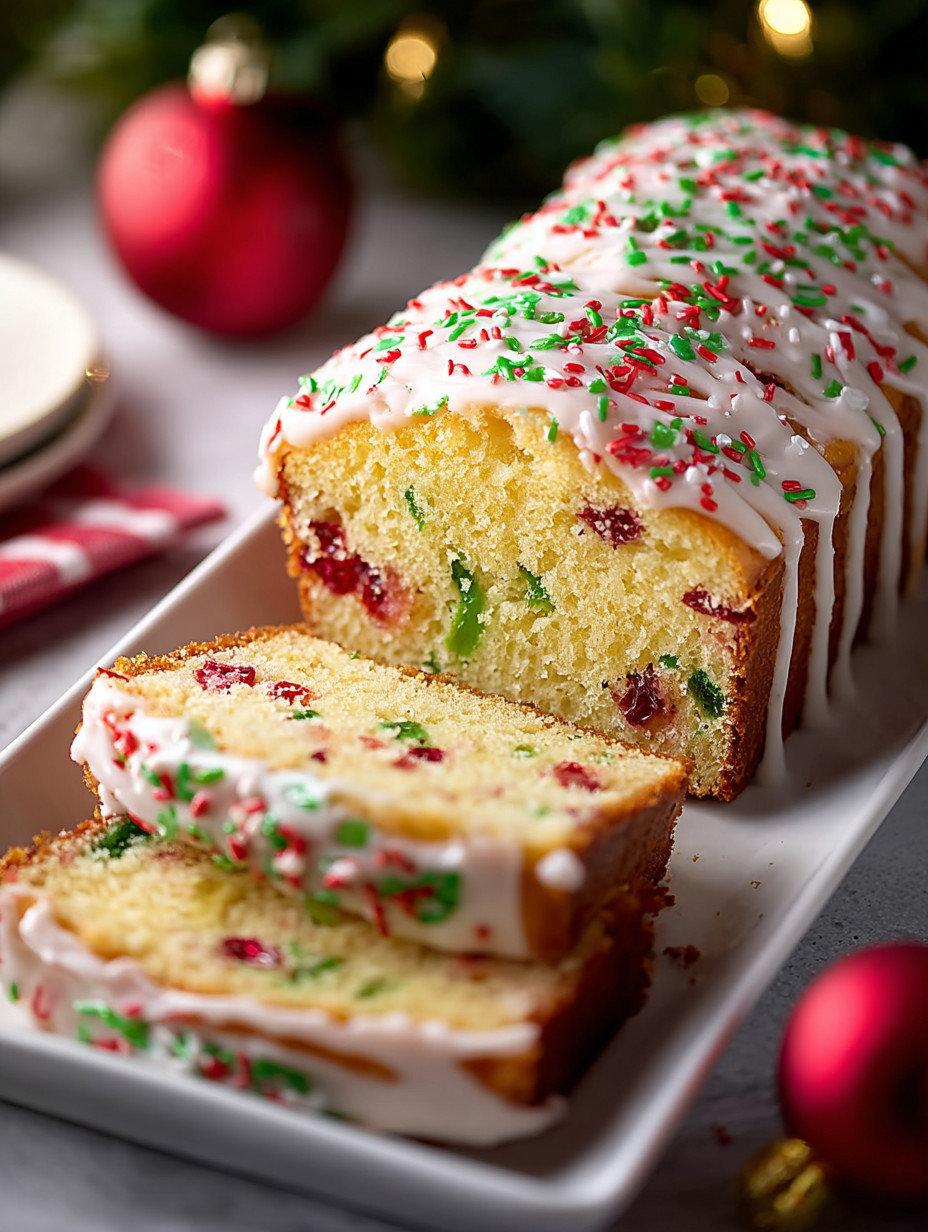 A slice of cake with white frosting and red and green sprinkles.