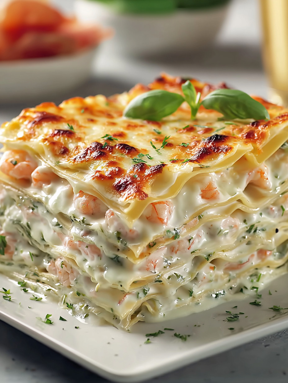 A stack of lasagna with a green leaf on top.