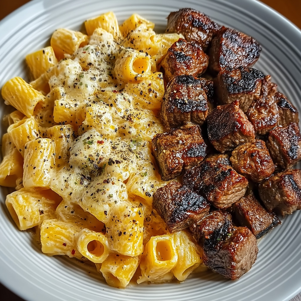 A bowl of pasta and meat.