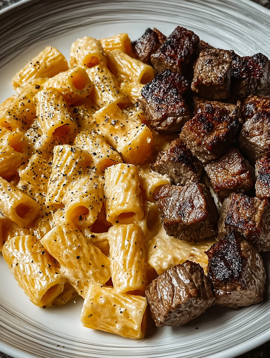 A plate of pasta and meat.