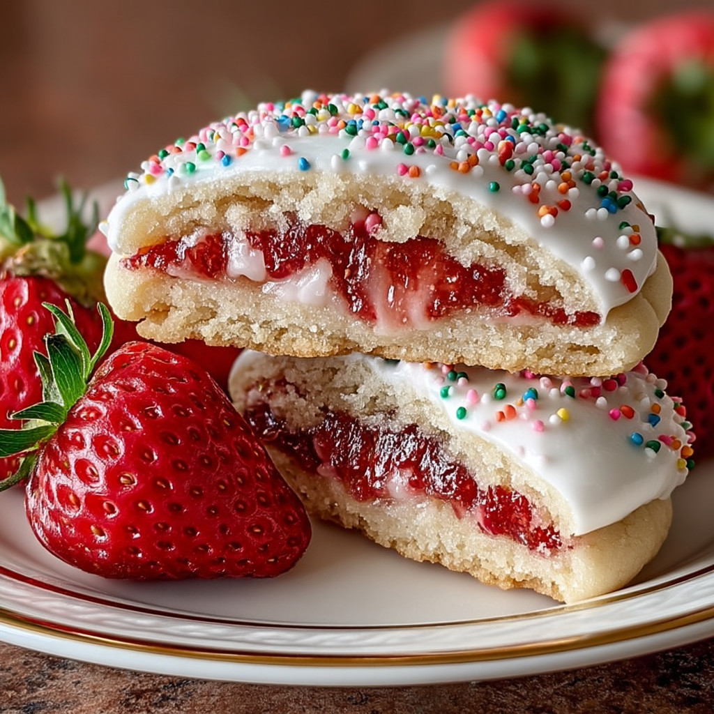 A plate of cookies with strawberries on top.