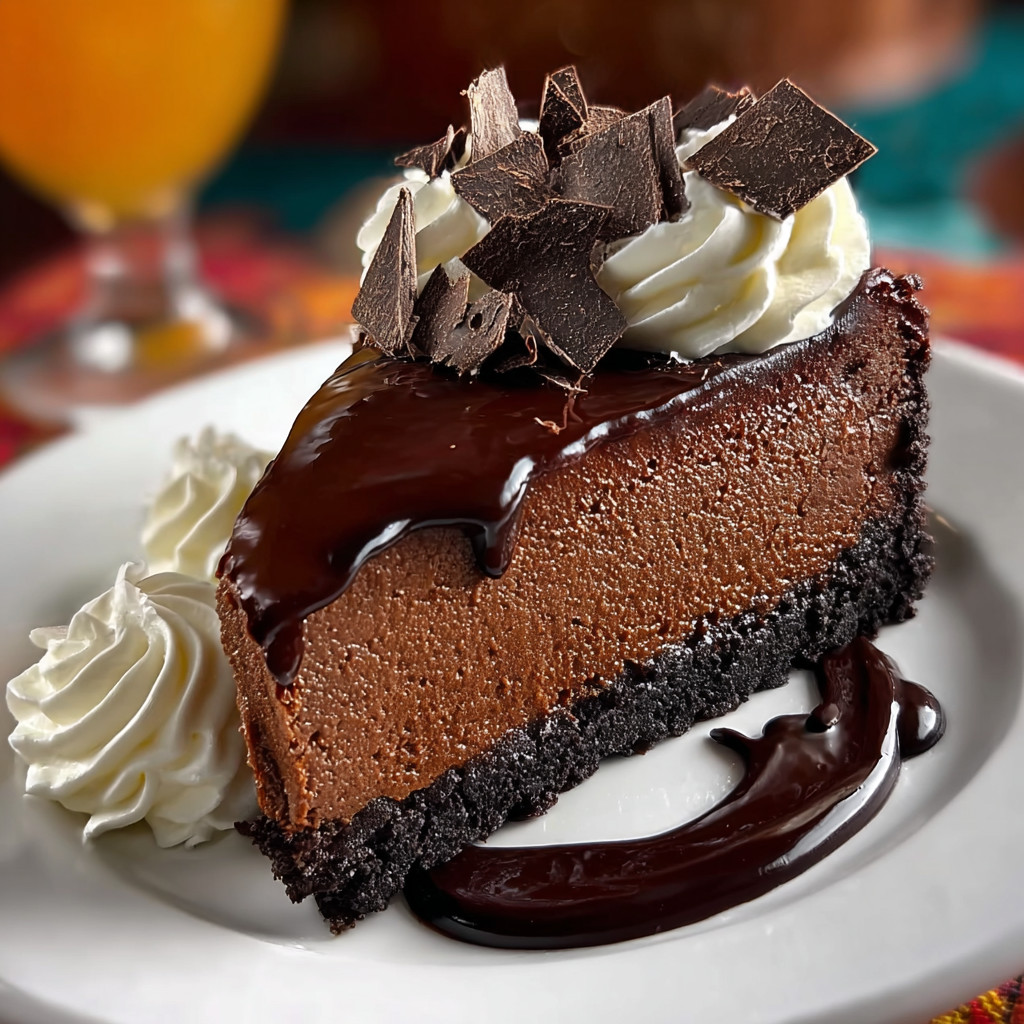 A slice of chocolate cake with chocolate drizzle.