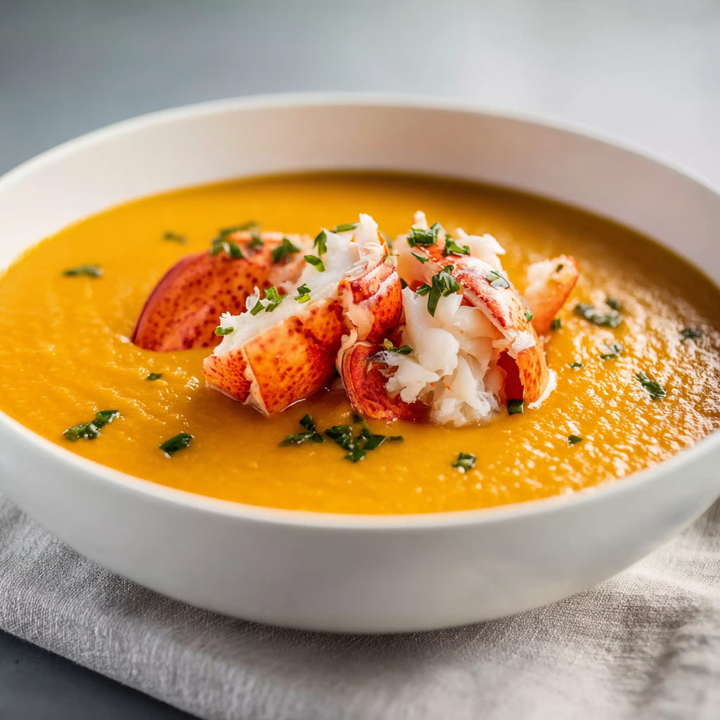 A bowl of soup with lobster and crab meat.