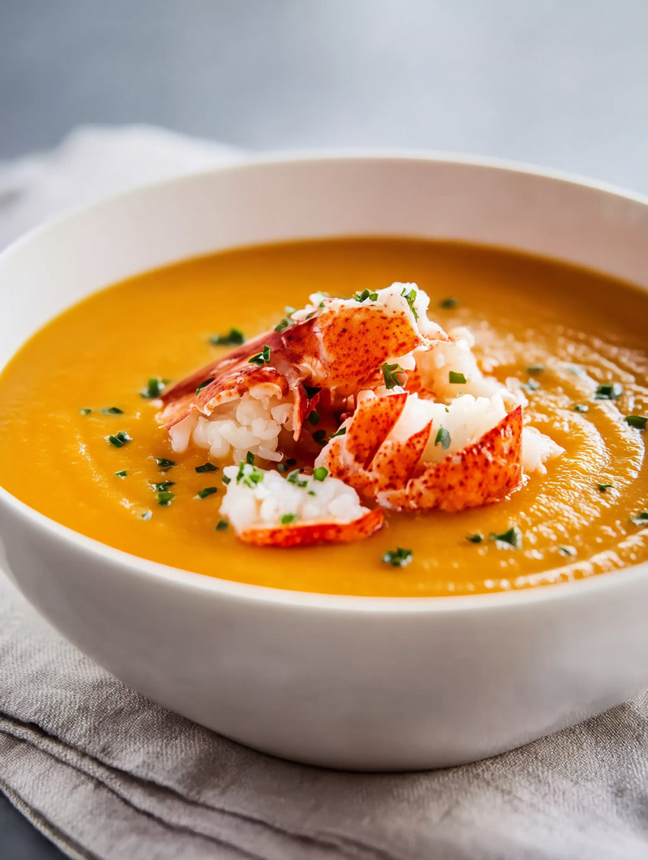 A bowl of soup with lobster and crab meat.