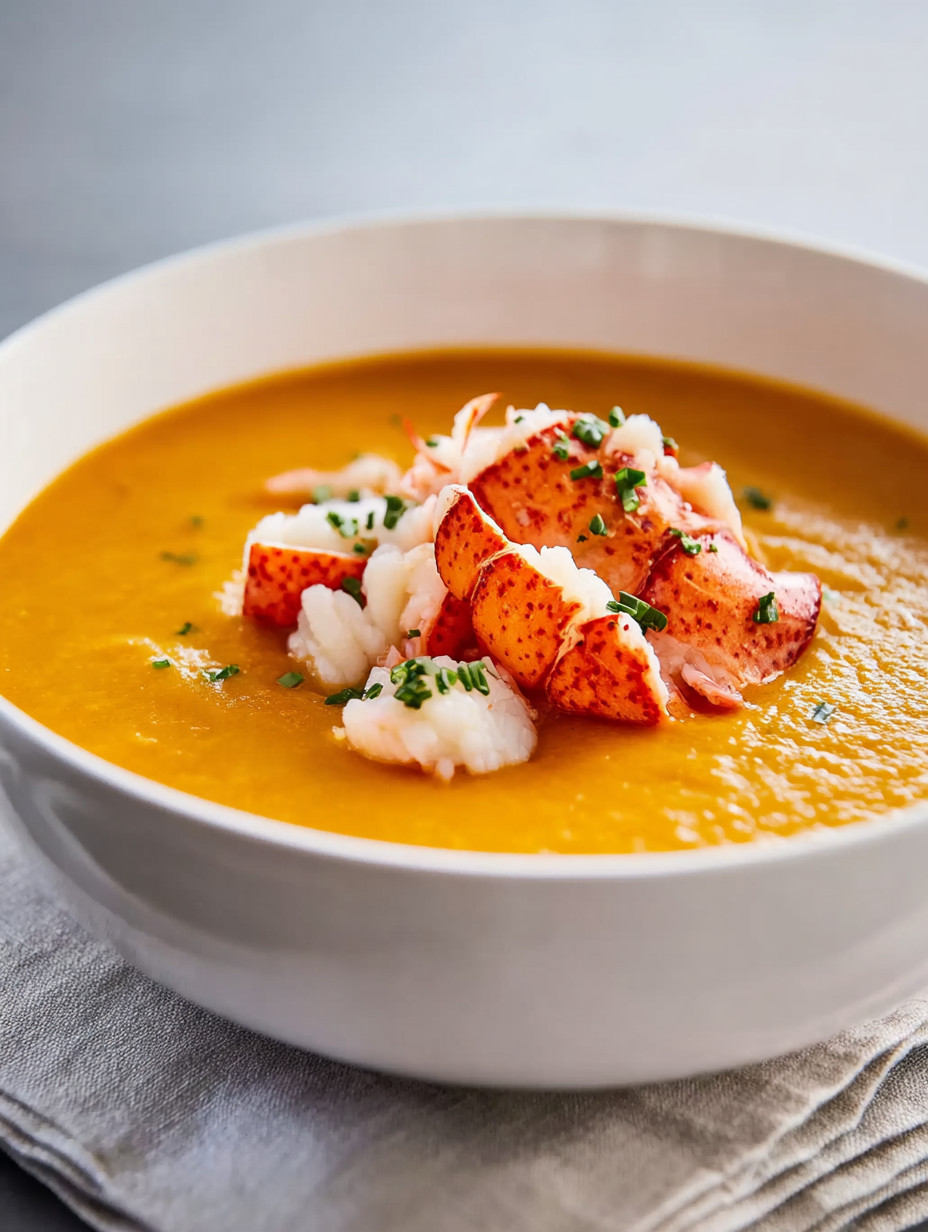 A bowl of soup with lobster and crab meat.