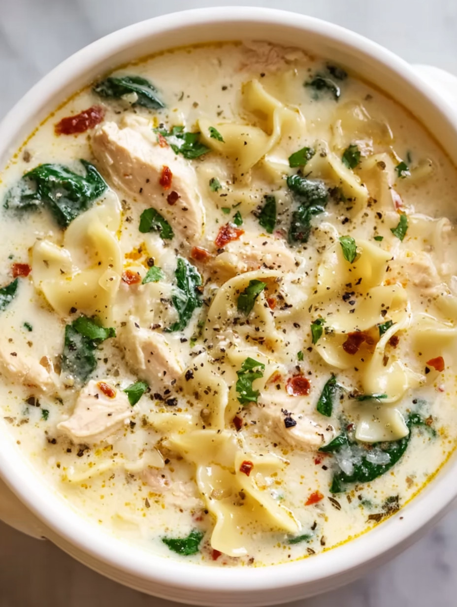 A bowl of soup with chicken and spinach.
