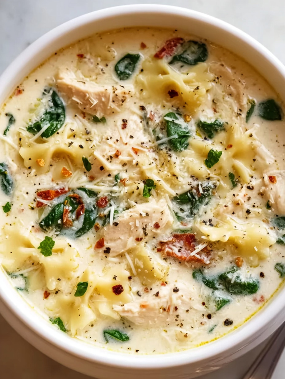 A bowl of soup with chicken and spinach.