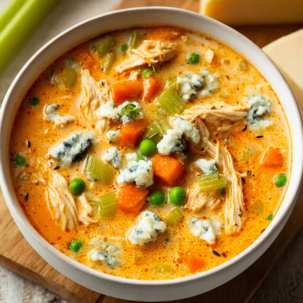 A bowl of soup with chicken, peas, and blue cheese.