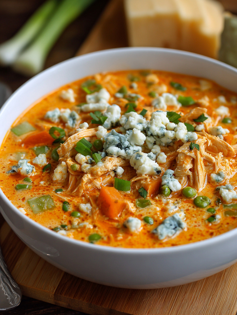 A bowl of soup with chicken and blue cheese.