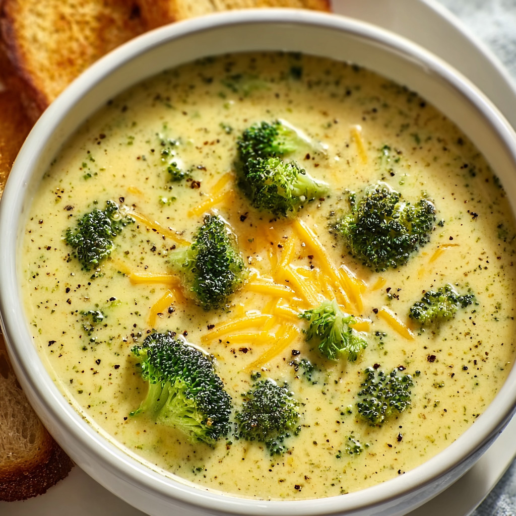 A bowl of soup with broccoli and cheese.