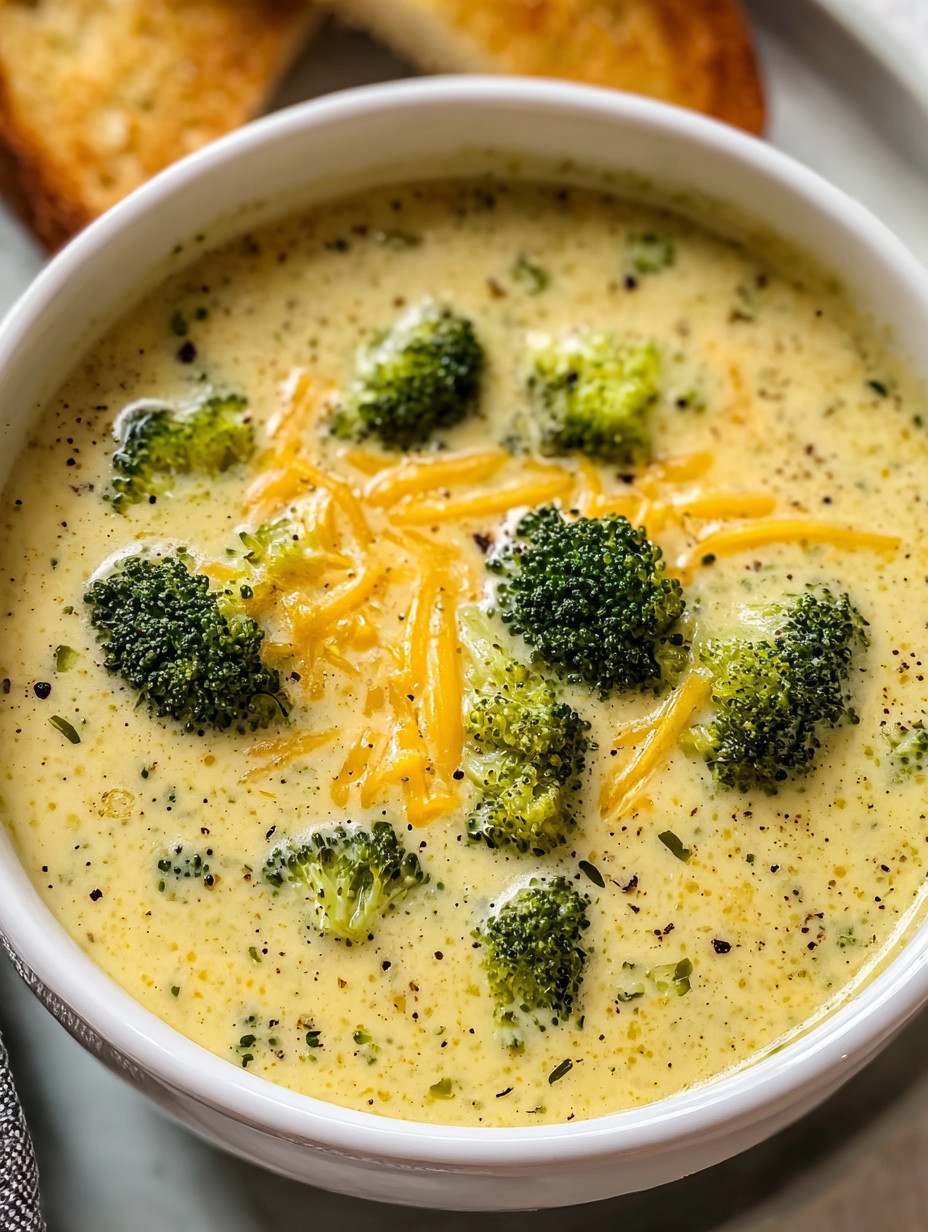 A bowl of soup with broccoli and cheese.