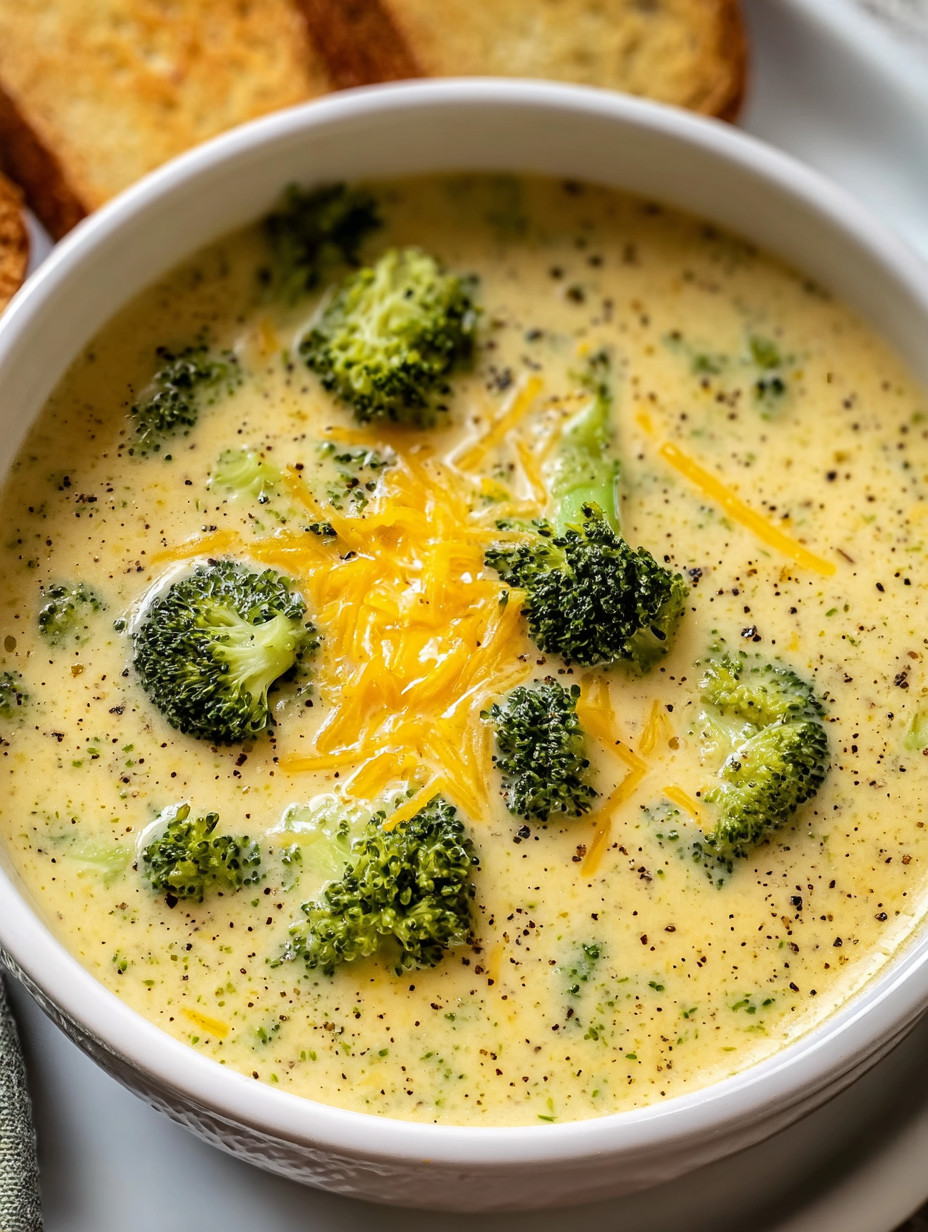 A bowl of soup with broccoli in it.