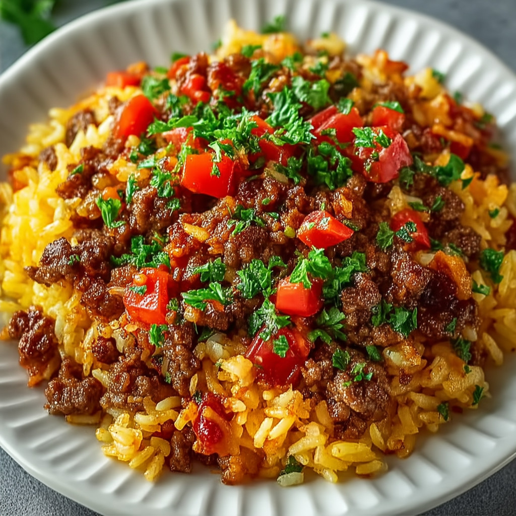 A white plate with a bowl of rice and meat.