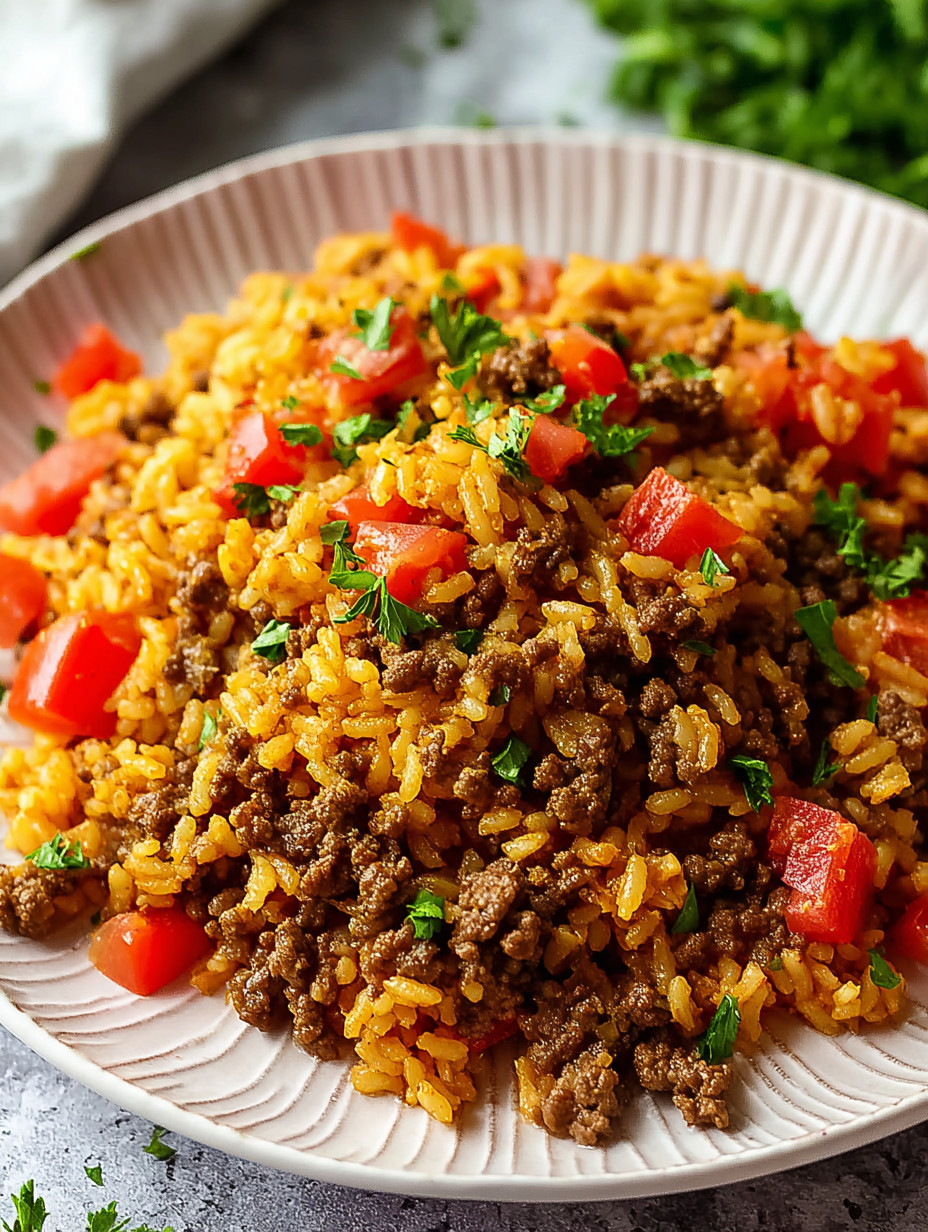 A plate of rice with meat and tomatoes.